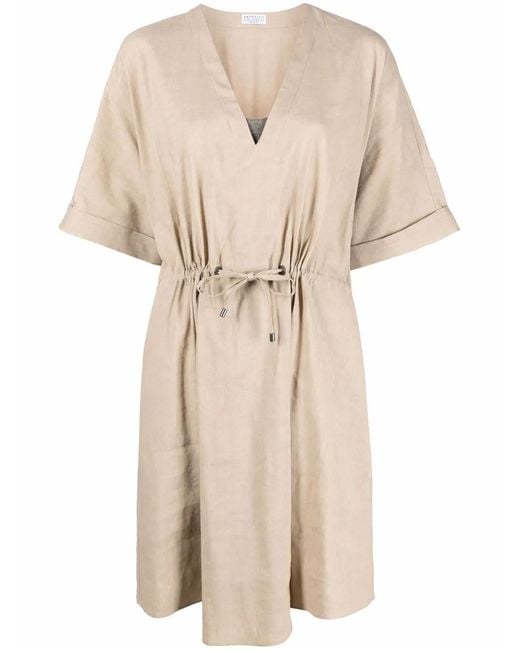 Brunello Cucinelli Natural Drawstring Linen Mini Dress