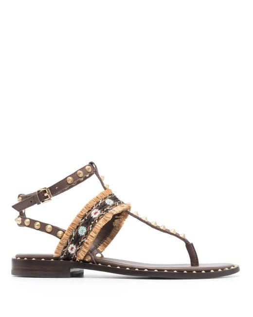 Ash Brown Bead-Embellished Leather Sandals