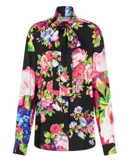 Moschino White Floral-Pattern Tie-Neck Blouse