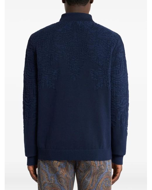 Etro Blue Pull Style Polo En Coton Et Laine À Motif Paisley for men