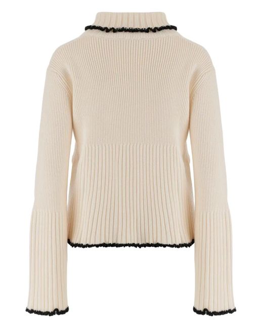 Jil Sander Natural Ribbed High-Neck Ruffled Sweater