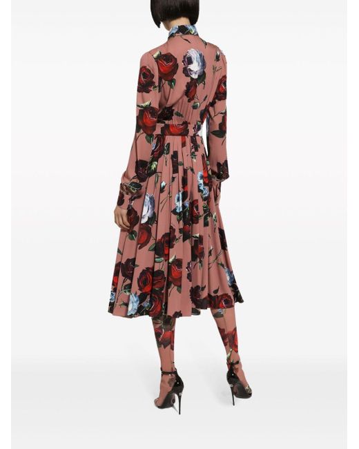 Dolce & Gabbana Red Floral-print Silk-blend Dress