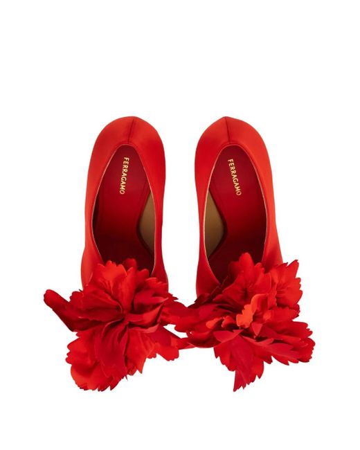 Ferragamo Red 90Mm Flower-Appliqué Satin Pumps