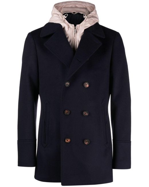 Eleventy Blue Hooded Double-breasted Peacoat for men