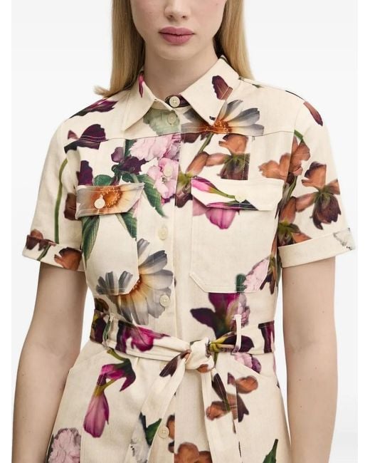 Desigual Natural Floral-Print Belted Shirt Mini Dress