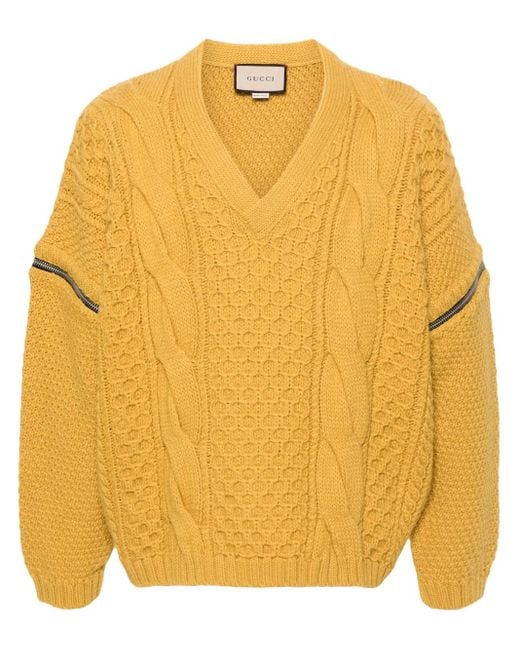 Gucci Yellow V-Neck Cable-Knit Wool Jumper for men