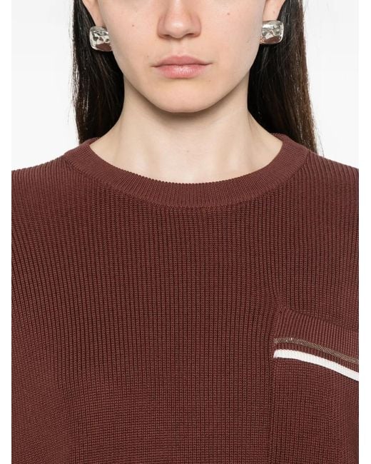 Brunello Cucinelli Red Patch Pocket Ribbed Knit Sweater