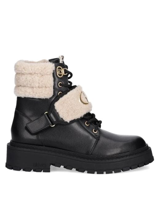 Liu Jo Black Faux Fur-Trim Combat Boots