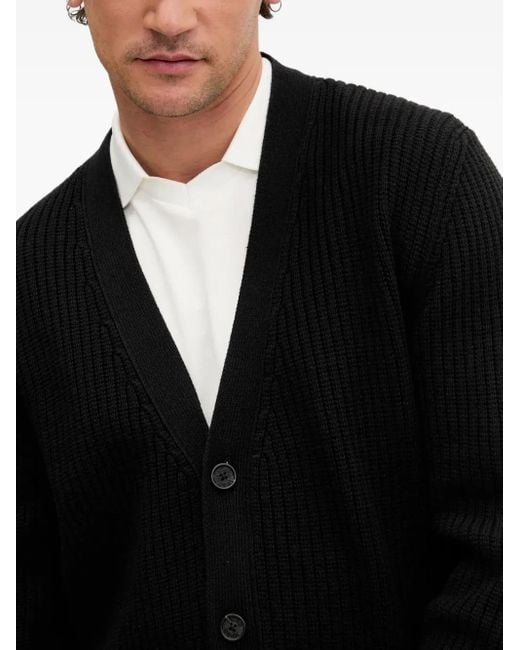 HUGO Black Ribbed Button Cardigan for men