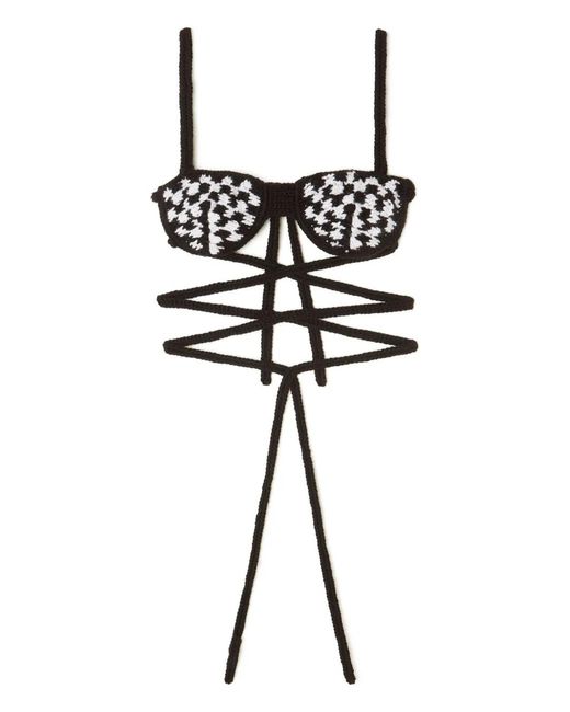 Alanui Black Check-Pattern Crochet Bra