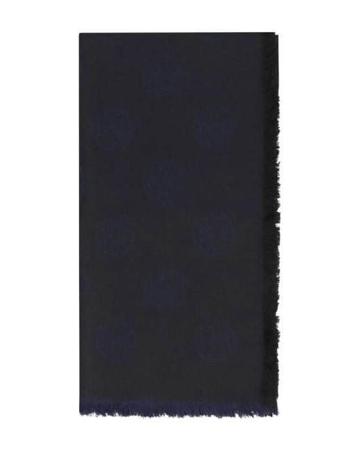 Tory Burch Blue Logo-Pattern Frayed-Edge Scarf