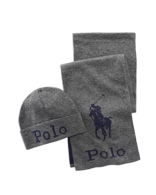 Polo Ralph Lauren Gray Jacquard Knitted Scarf And Beanie Hat Set for men