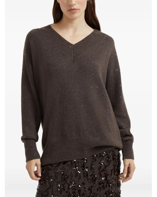 Brunello Cucinelli Brown Sequin-Embellished V-Neck Sweater