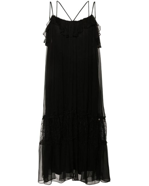 Nissa Black Lace-panelling Silk Dress