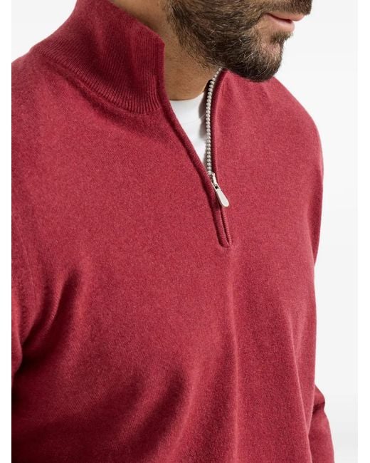 Brunello Cucinelli Red Cashmere Sweater With Half Zip for men
