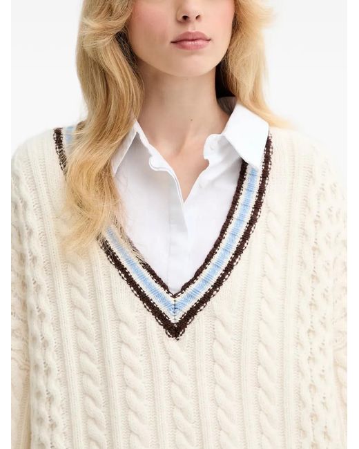 Gestuz Natural Cable-Knit Striped V-Neck Sweater