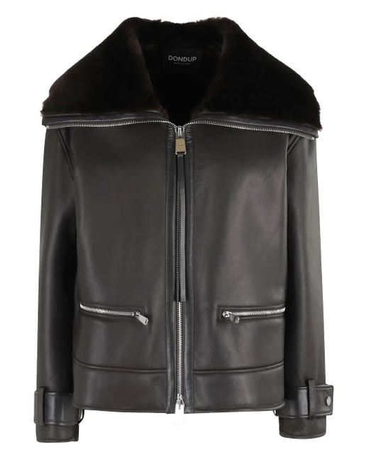 Dondup Black Shearling-Collar Leather Jacket