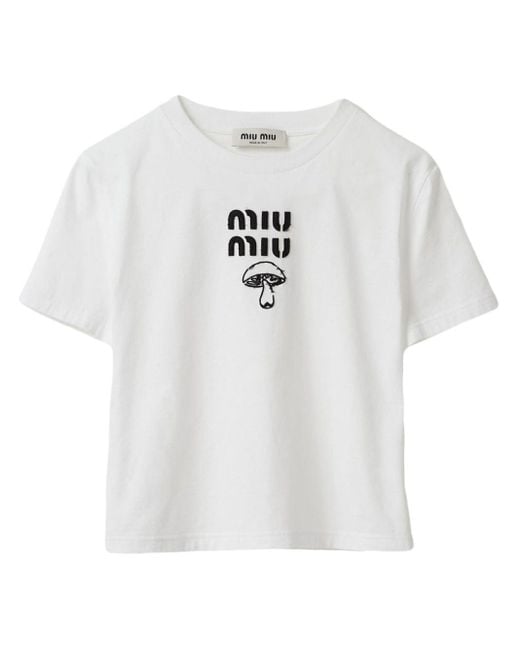 Miu Miu White Mushroom-embroidered Cotton Logo T-shirt