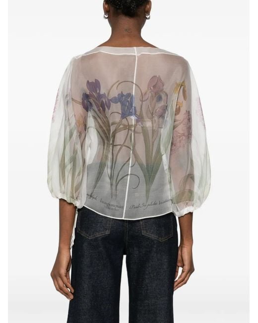 Alberta Ferretti White Printed Organdis Silk Blouse
