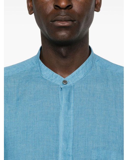 Zegna Blue Band-collar Linen Shirt for men