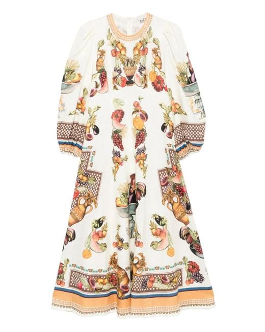 ALÉMAIS White Mercado Fruit-Print Puff-Sleeve Midi Dress