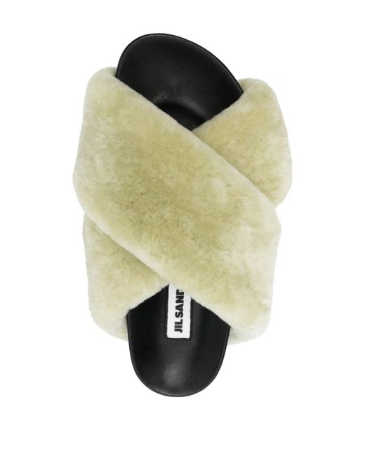 Jil Sander Green Shearling Cross-Over Sandals