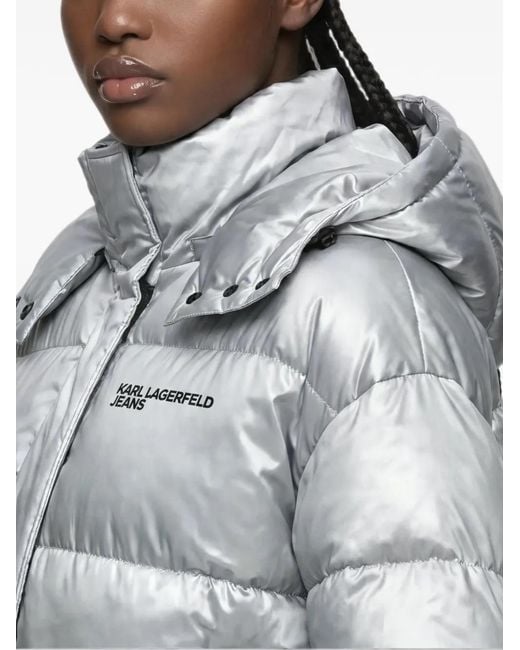 Karl Lagerfeld Gray Cropped Shiny Puffer Jacket