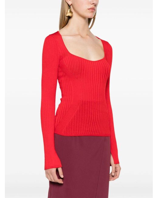 Patrizia Pepe Red Square-Neck Ribbed-Knit Jumper