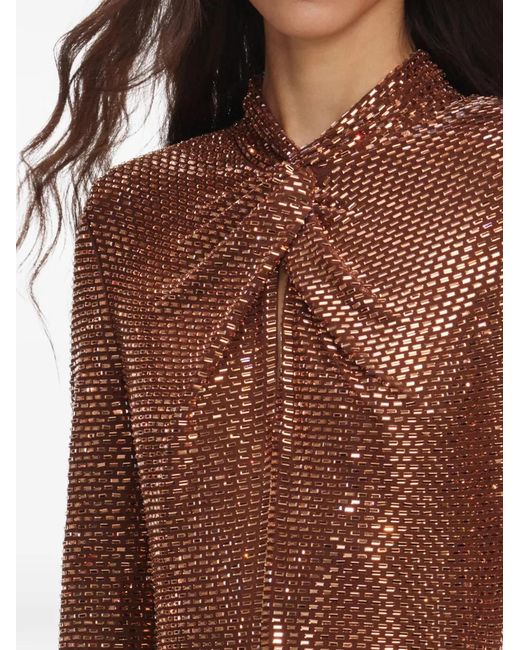 Self-Portrait Brown Rhinestone-Embellished Long-Sleeve Midi Dress