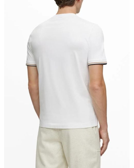 Boss White Cotton-Jersey T-Shirt With Signature-Stripe Cuffs for men