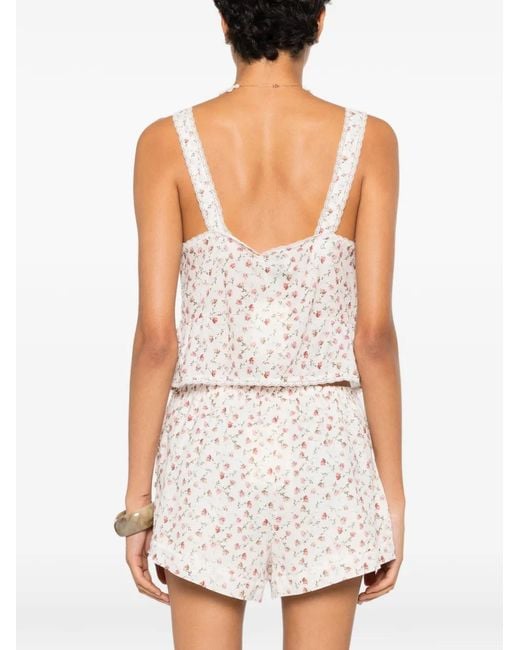 Posse White Charlotte Floral-Print Lace-Trim Cotton Tank Top