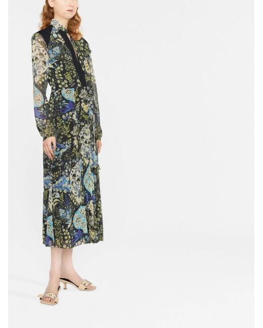 Etro Green Floral-Print Pleated Midi Dress