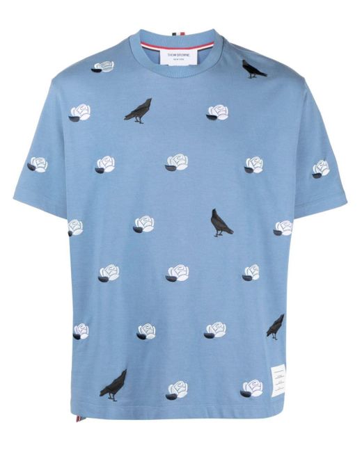 Thom Browne Blue Rose & Raven Cotton T-shirt for men