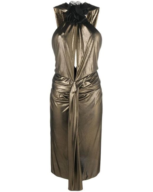 Saint Laurent Green Floral-Detail Laminated-Finish Dress