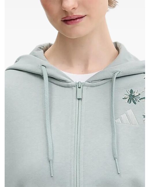 Adidas Blue Floral-Embroidered Zip-Up Hoodie