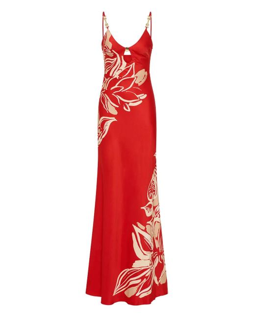 Rebecca Vallance Red Tallara Chain-Embellished Floral Maxi Dress