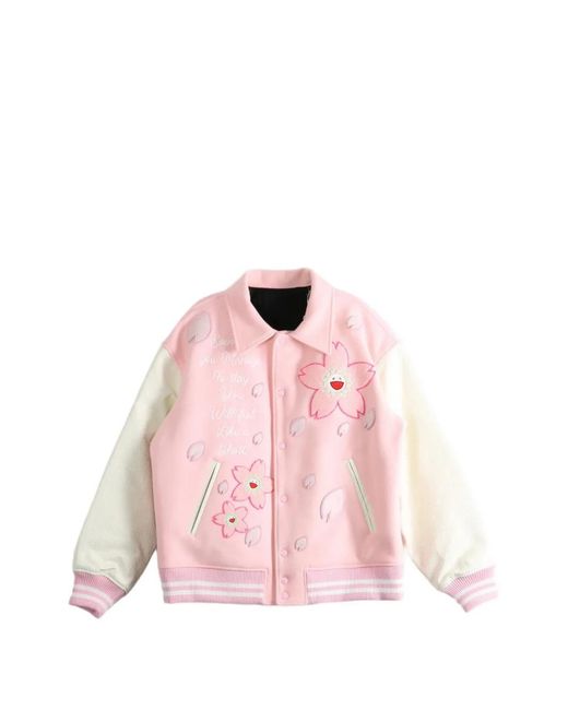 Monokemade Pink Sakura-Embroidered Bomber Jacket