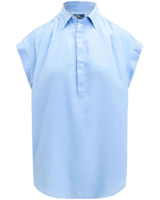 Polo Ralph Lauren Blue Polo Pony Cap-Sleeve Linen Blouse