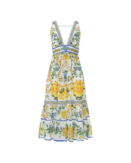 Farm Rio White Floral Tapestry Rope Ties V-Neck Cotton Midi Dress For