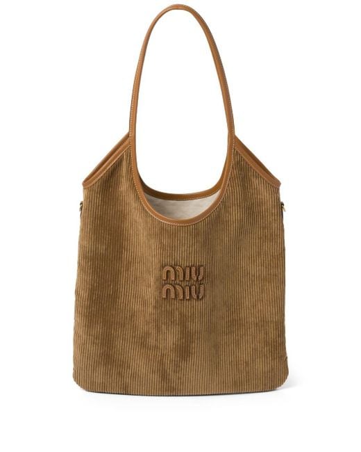 Miu Miu Brown Logo-appliqué Corduroy Tote Bag