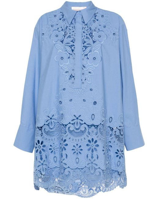 Valentino Garavani Blue Floral-embroidered Cotton Mini Dress