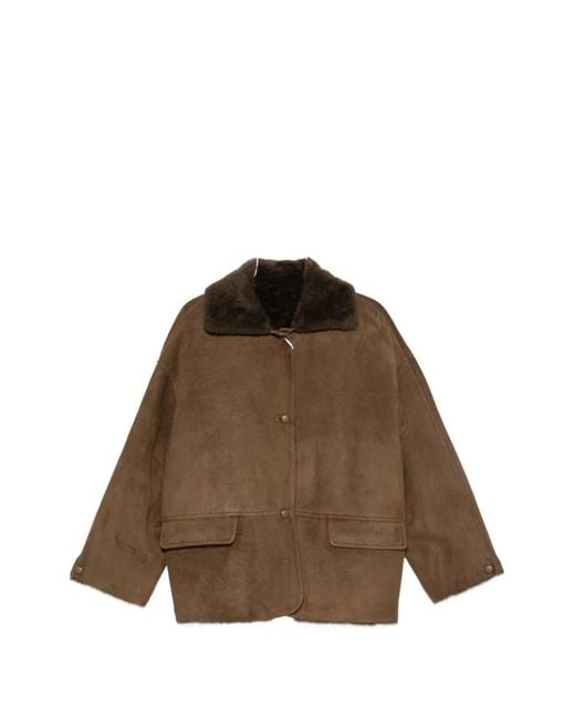 Liska Brown Shearling-Collar Button-Fastening Jacket