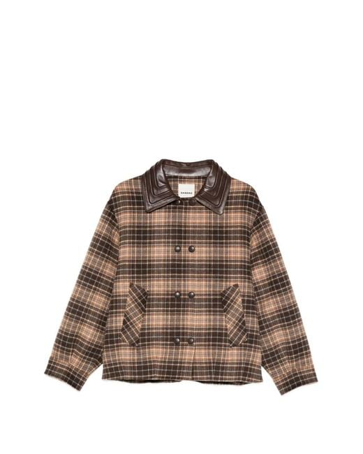 Sandro Brown Checked Leather-Collar Jacket