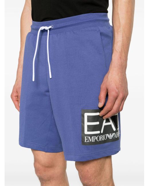 EA7 Blue Logo-print Cotton Track Shorts for men