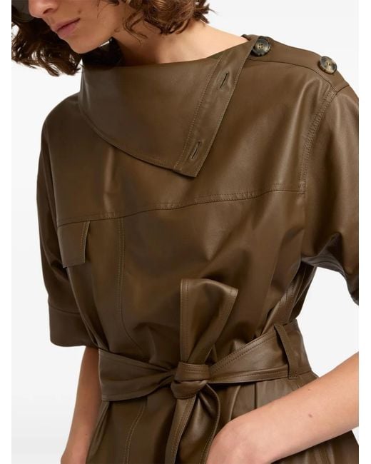 Yves Salomon Brown Asymmetric Belted Leather Midi Dress