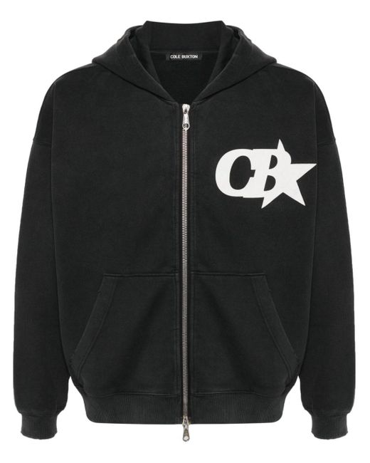 Logo print cotton zip-up hoodie di Cole Buxton in Black da Uomo