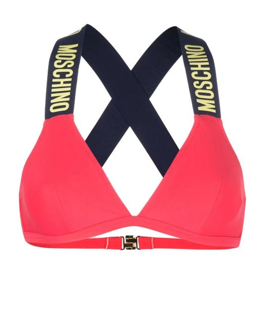 Moschino Red Logo-Embossed Bikini Top