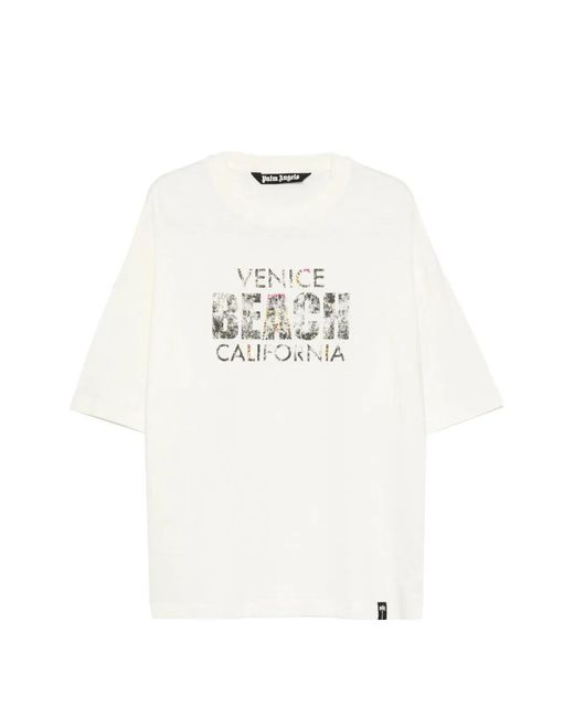 Palm Angels White Graphic-Print Rhinestone-Embellished T-Shirt for men