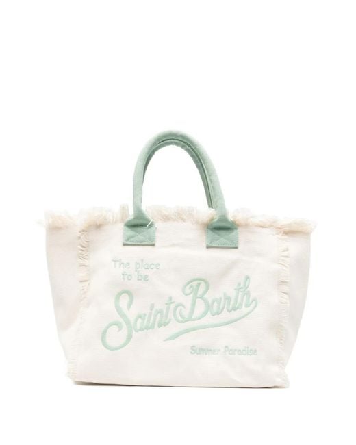 Mc2 Saint Barth White Frayed-Edge Logo-Embroidered Beach Bag