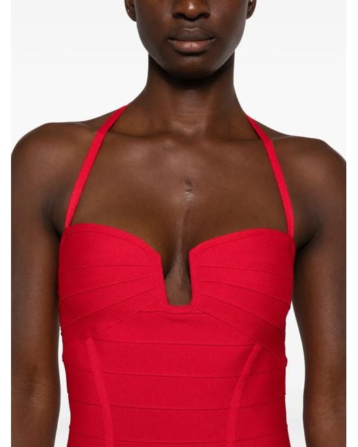 Hervé Léger Red Holly Bandage Halterneck Mini Dress